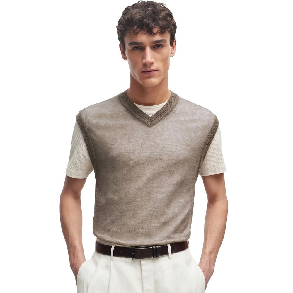 BOSS Lucid Sweater Vest Mens Medium Open Beige Mohair Wool Sheer V Neck NWT